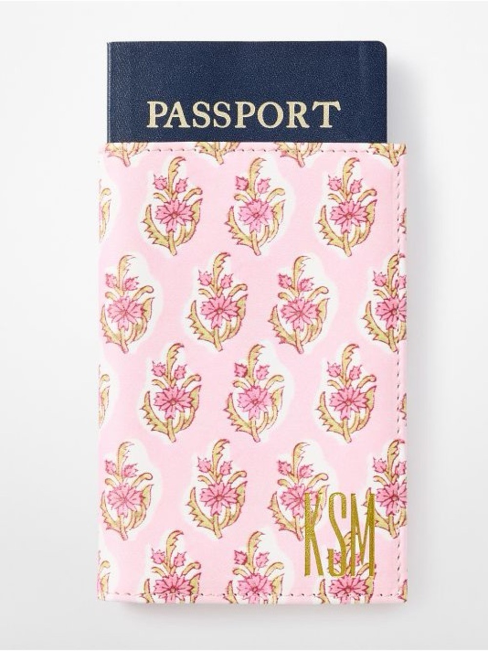 Mark & Graham Pink Floral Passport Cover with Gold KSM Monogram